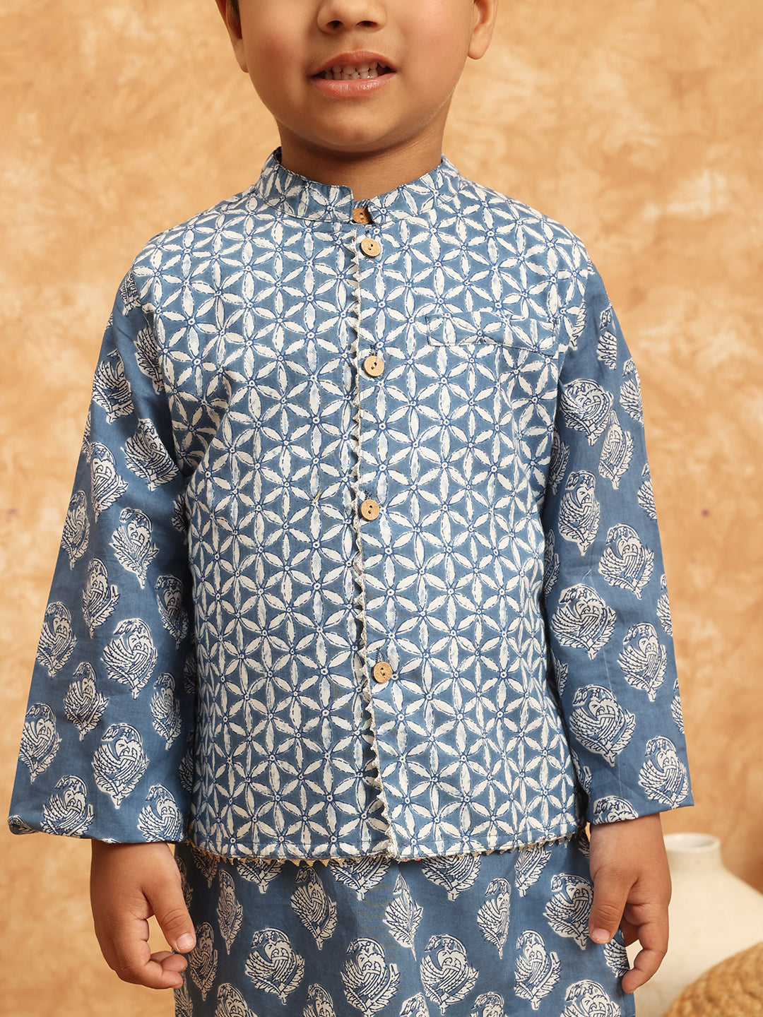 Straight Style Cotton Fabric Blue Color Printed Kurta And Pajama With Jacket In Gota Work