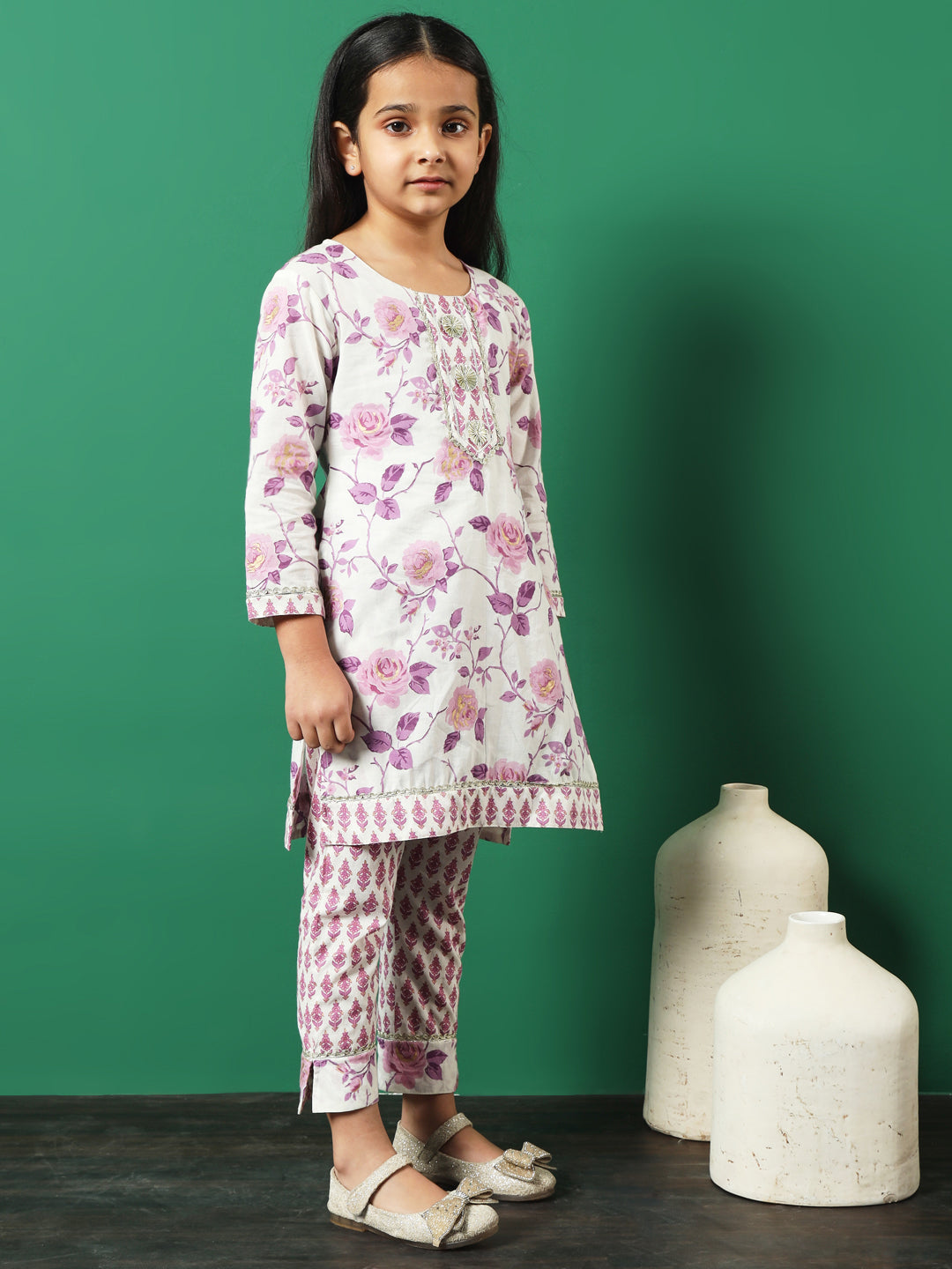 Straight Style Cotton Fabric Purple Color Floral Printed Kurti And Palazzo With Gotta Lace Work