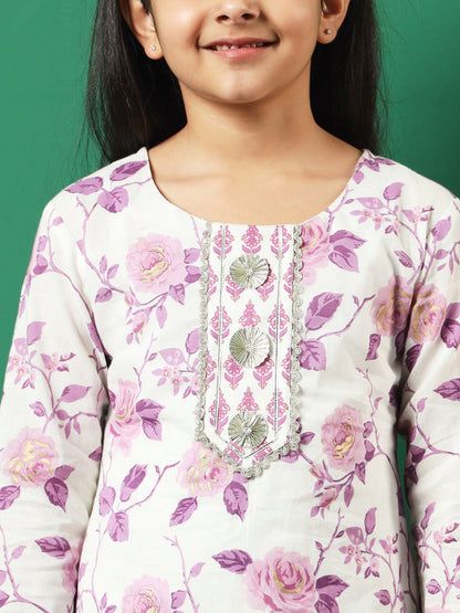 Straight Style Cotton Fabric Purple Color Floral Printed Kurti And Palazzo With Gotta Lace Work