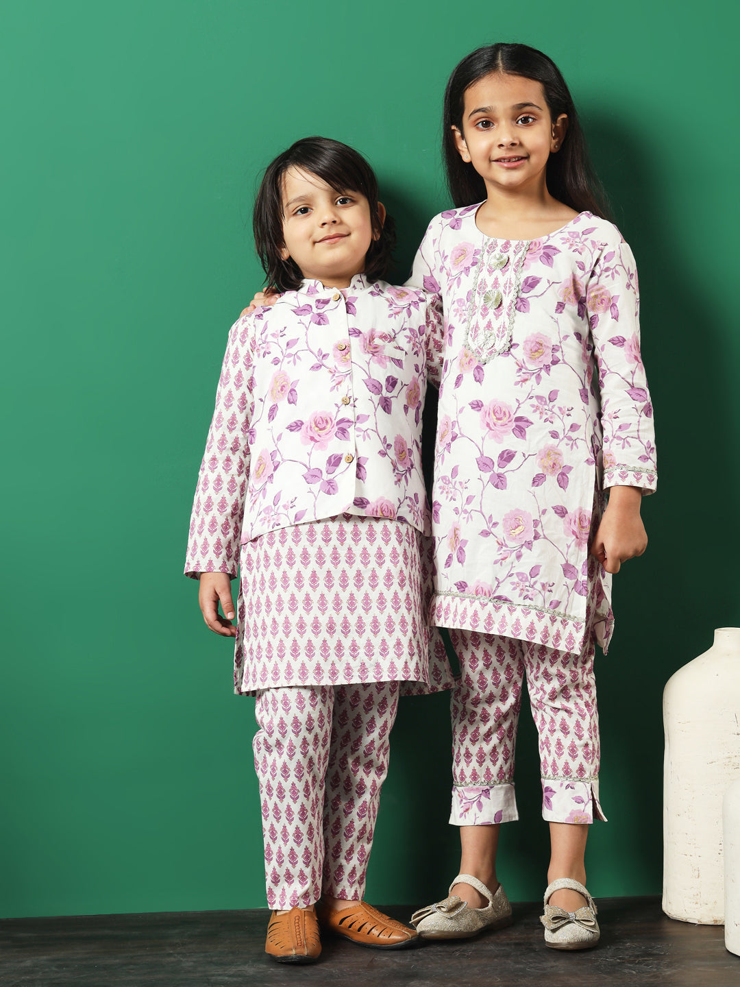 Straight Style Cotton Fabric Purple Color Floral Printed Kurta And Pajama With Jacket