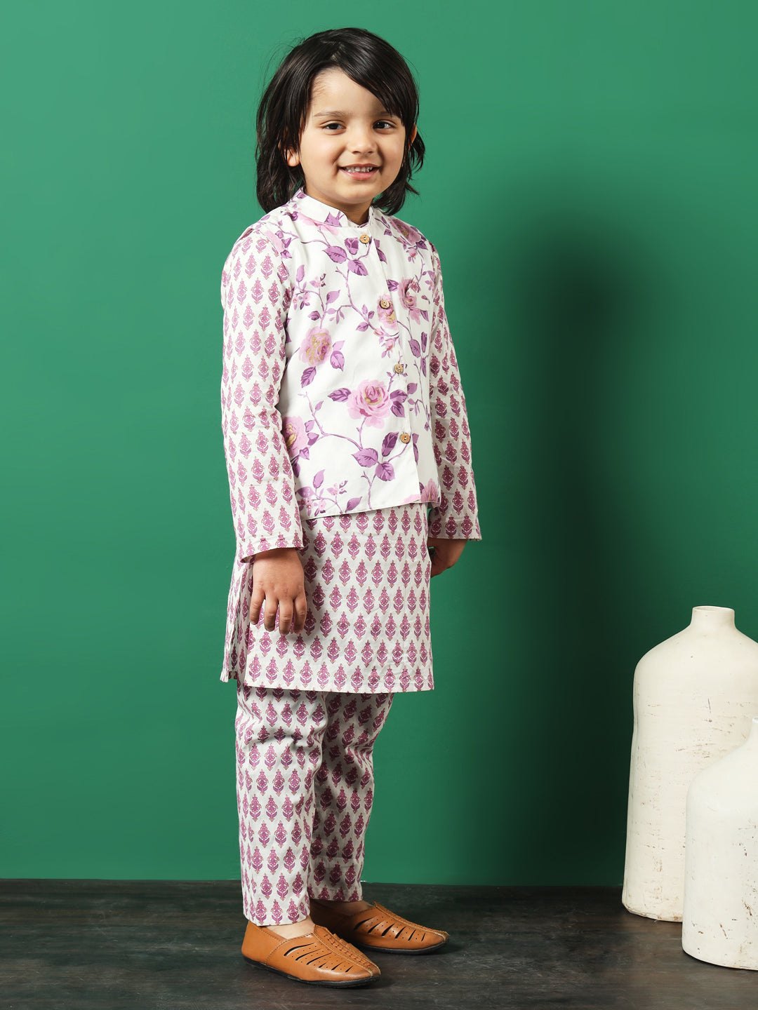 Straight Style Cotton Fabric Purple Color Floral Printed Kurta And Pajama With Jacket