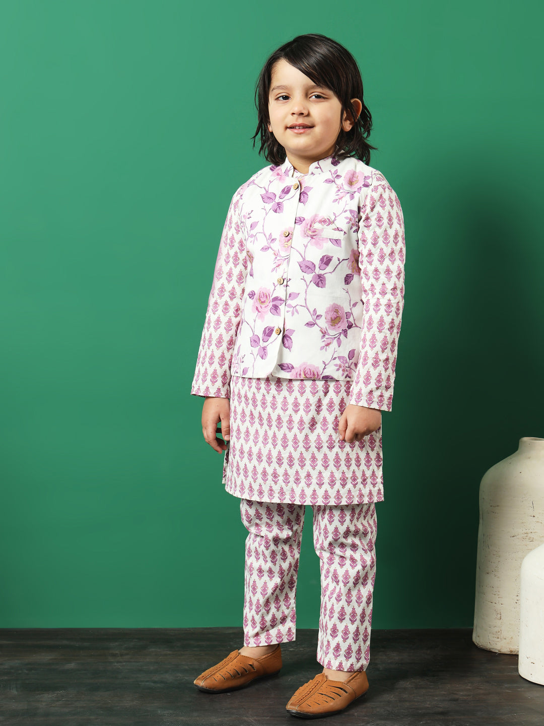 Straight Style Cotton Fabric Purple Color Floral Printed Kurta And Pajama With Jacket