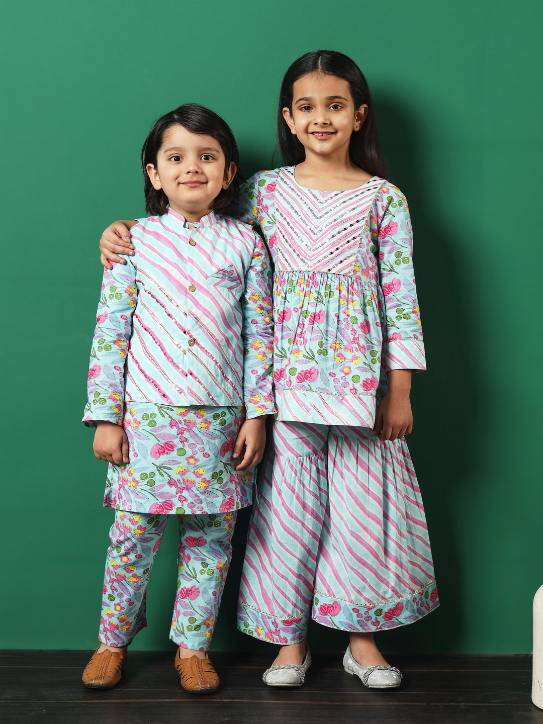 Straight Style Cotton Fabric Turquoise Blue Color Floral Printed Kurta And Pajama With Jacket