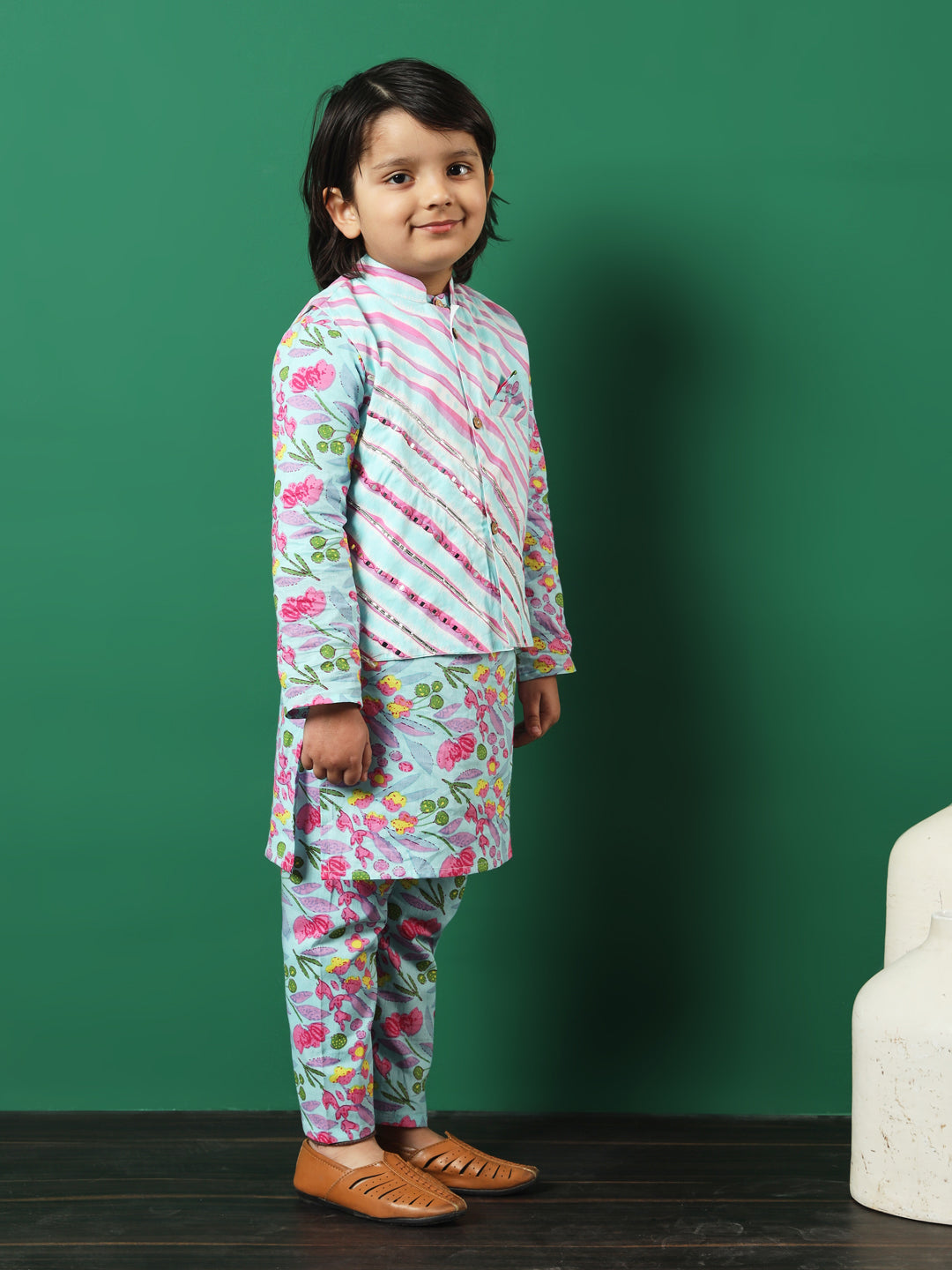 Straight Style Cotton Fabric Turquoise Blue Color Floral Printed Kurta And Pajama With Jacket