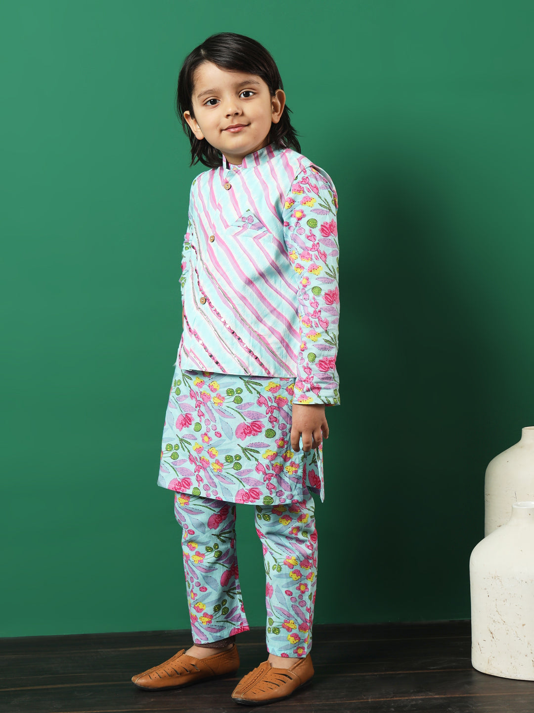 Straight Style Cotton Fabric Turquoise Blue Color Floral Printed Kurta And Pajama With Jacket