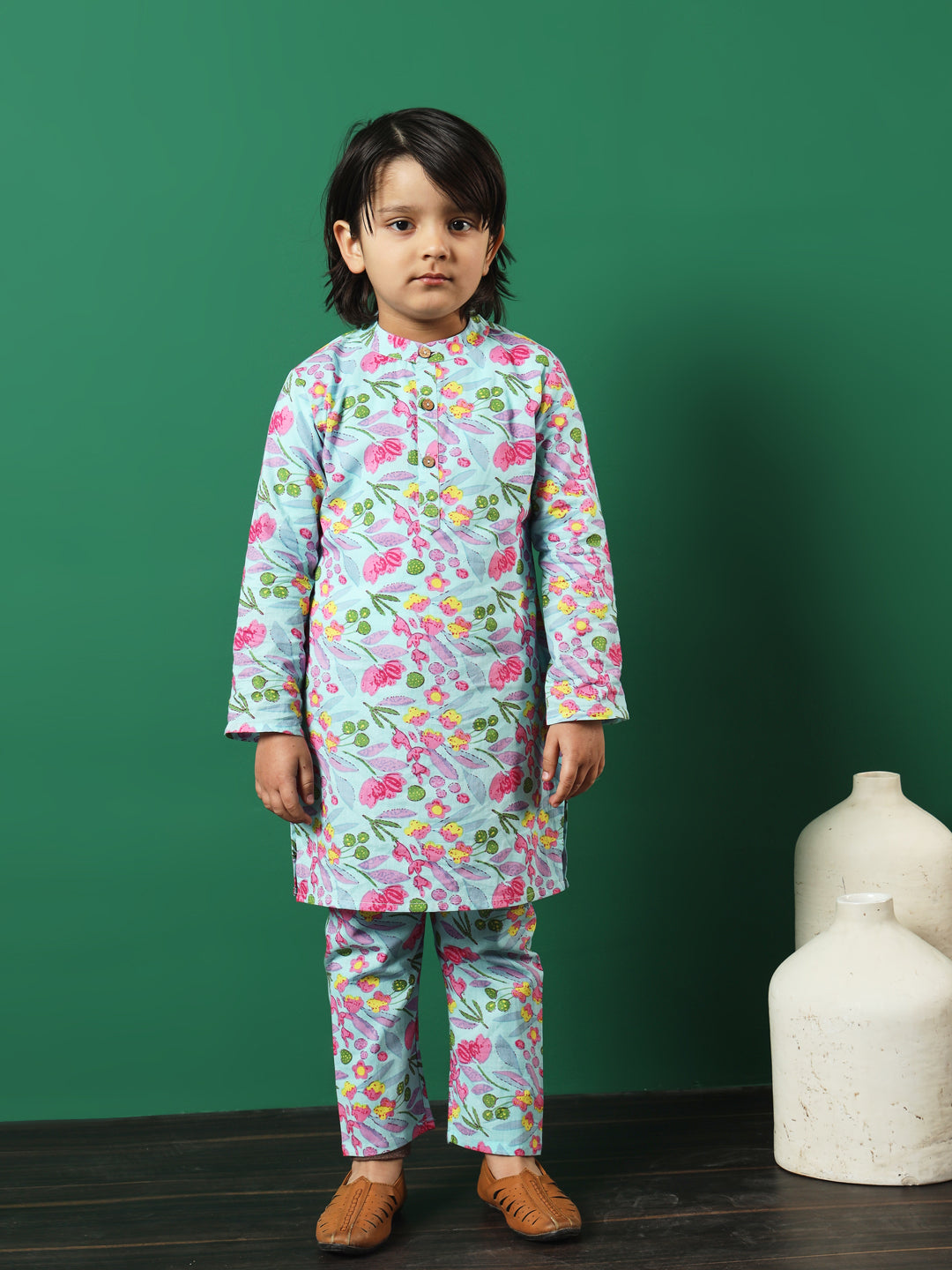 Straight Style Cotton Fabric Turquoise Blue Color Floral Printed Kurta And Pajama With Jacket