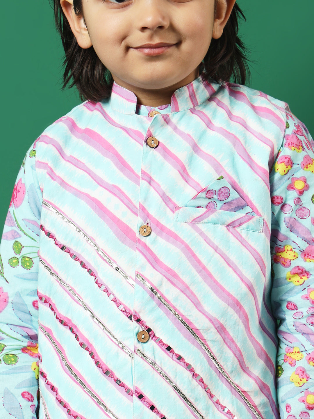 Straight Style Cotton Fabric Turquoise Blue Color Floral Printed Kurta And Pajama With Jacket