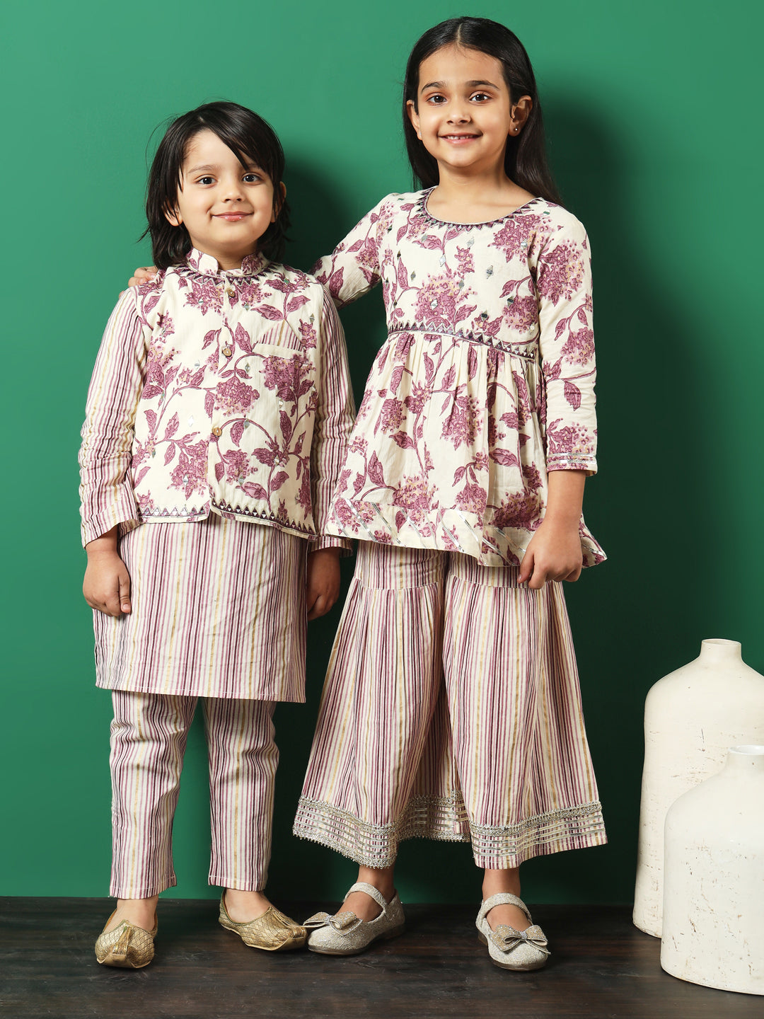 Straight Style Cotton Fabric Mauve Color Printed Kurta And Pajama With Jacket