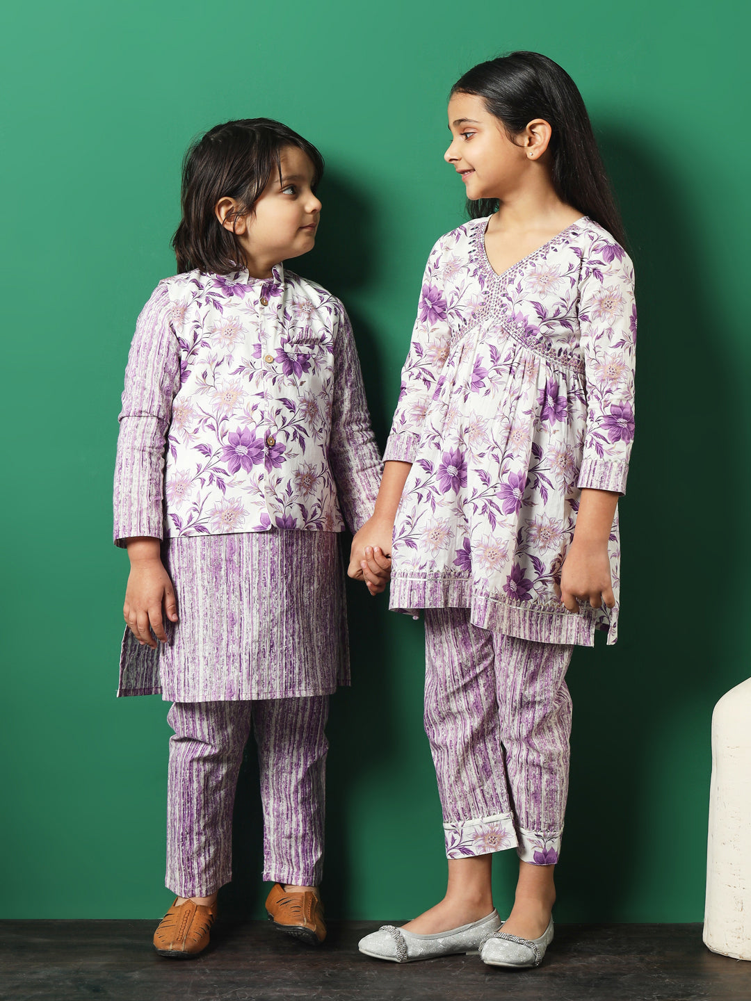 Straight Style Cotton Fabric Purple Color Floral Printed Kurta And Pajama With Jacket