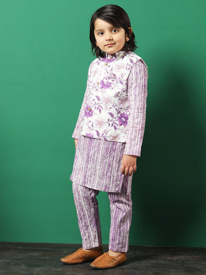 Straight Style Cotton Fabric Purple Color Floral Printed Kurta And Pajama With Jacket