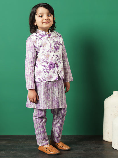 Straight Style Cotton Fabric Purple Color Floral Printed Kurta And Pajama With Jacket