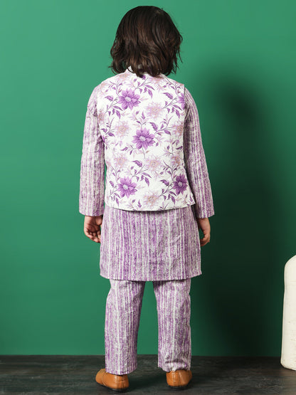 Straight Style Cotton Fabric Purple Color Floral Printed Kurta And Pajama With Jacket