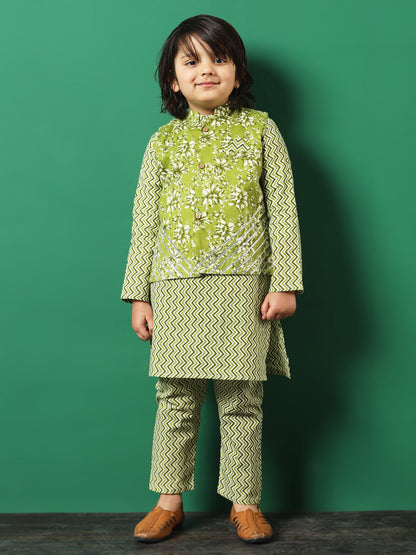 Straight Style Cotton Fabric Green Color Floral Printed Kurta And Pajama With Jacket