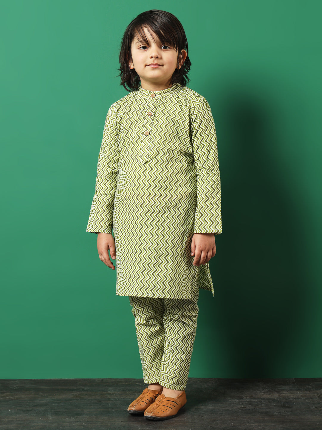 Straight Style Cotton Fabric Green Color Floral Printed Kurta And Pajama With Jacket