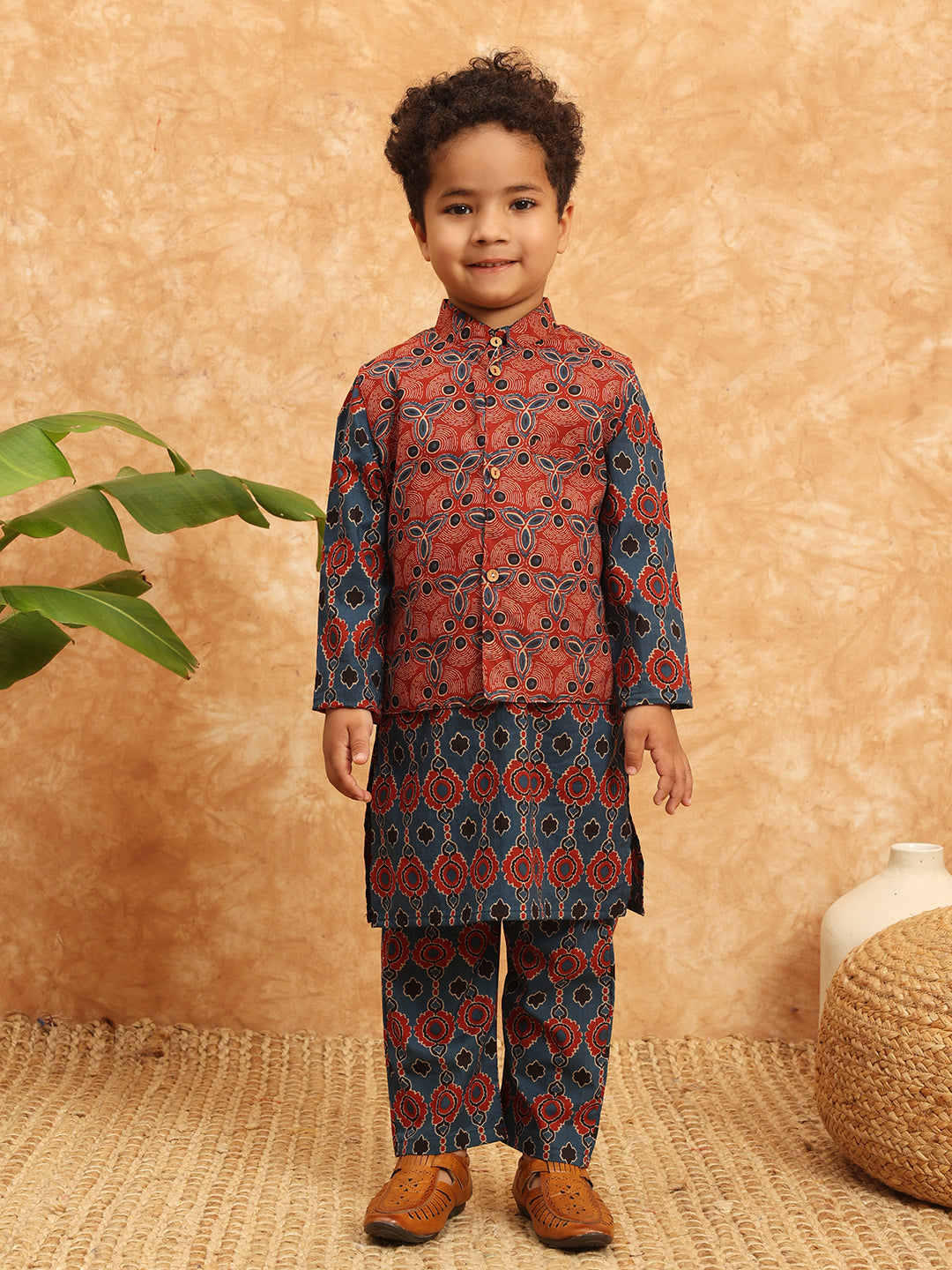 Straight Style Cotton Fabric Blue Color Printed Kurta And Pajama With Nehru Jacket