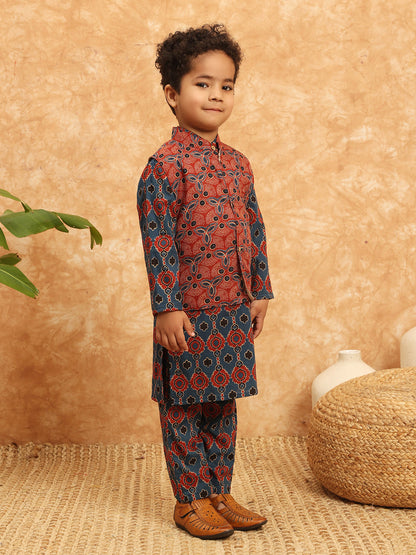 Straight Style Cotton Fabric Blue Color Printed Kurta And Pajama With Nehru Jacket