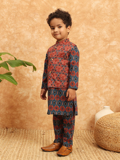 Straight Style Cotton Fabric Blue Color Printed Kurta And Pajama With Nehru Jacket