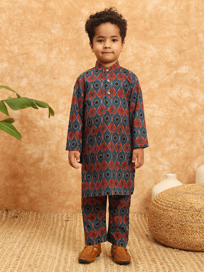 Straight Style Cotton Fabric Blue Color Printed Kurta And Pajama With Nehru Jacket