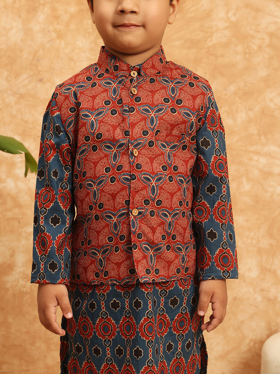 Straight Style Cotton Fabric Blue Color Printed Kurta And Pajama With Nehru Jacket