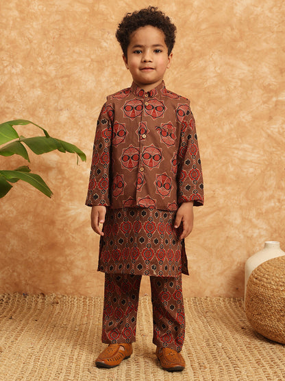 Straight Style Cotton Fabric Brown Color Printed Kurta And Pajama With Nehru Jacket