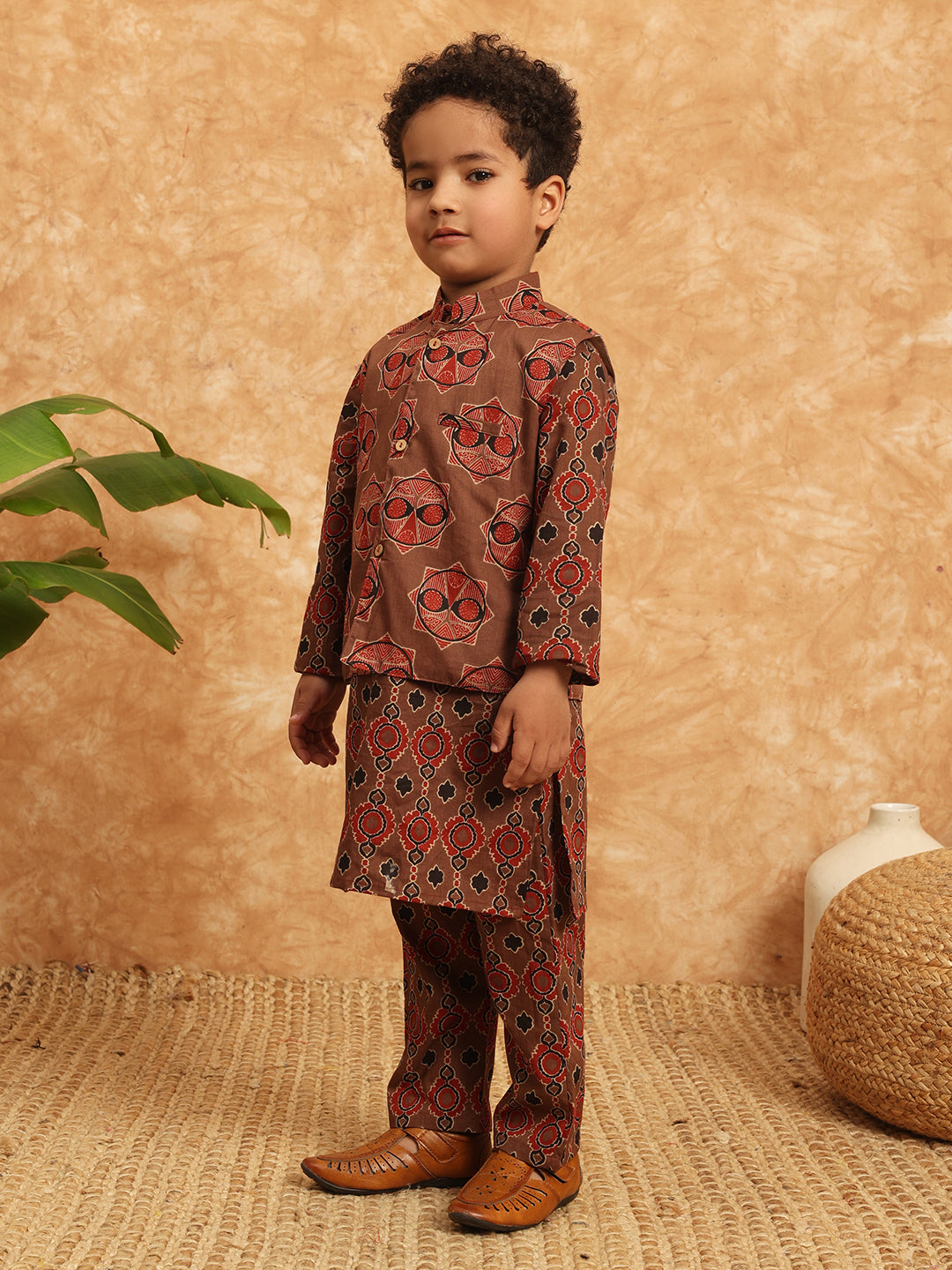 Straight Style Cotton Fabric Brown Color Printed Kurta And Pajama With Nehru Jacket