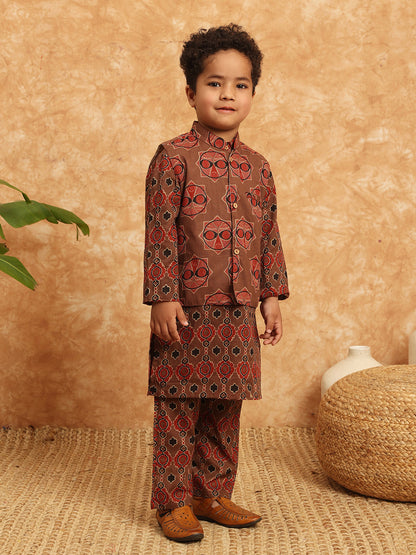 Straight Style Cotton Fabric Brown Color Printed Kurta And Pajama With Nehru Jacket