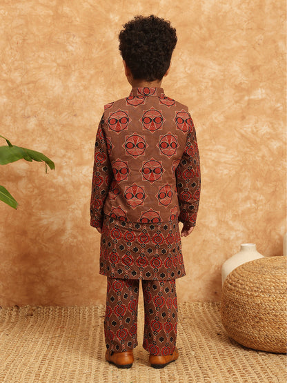 Straight Style Cotton Fabric Brown Color Printed Kurta And Pajama With Nehru Jacket