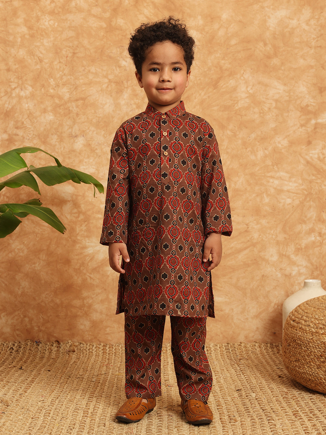 Straight Style Cotton Fabric Brown Color Printed Kurta And Pajama With Nehru Jacket