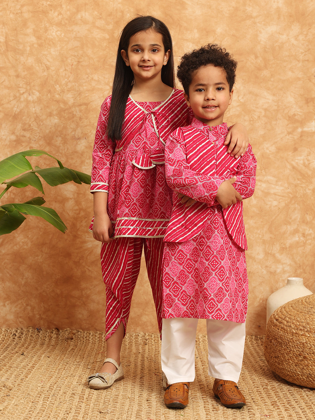 Straight Style Cotton Fabric Pink Color Bandhani Kurta And Pajama