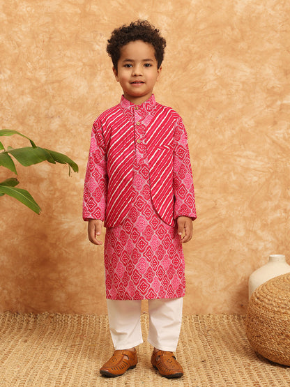 Straight Style Cotton Fabric Pink Color Bandhani Kurta And Pajama