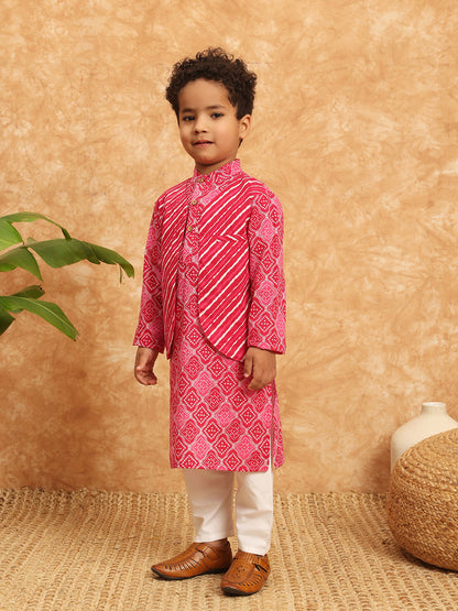 Straight Style Cotton Fabric Pink Color Bandhani Kurta And Pajama