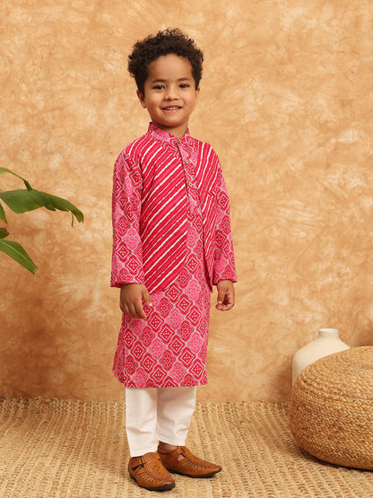 Straight Style Cotton Fabric Pink Color Bandhani Kurta And Pajama