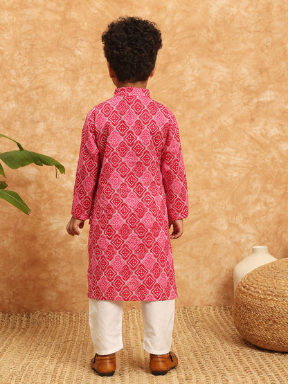 Straight Style Cotton Fabric Pink Color Bandhani Kurta And Pajama