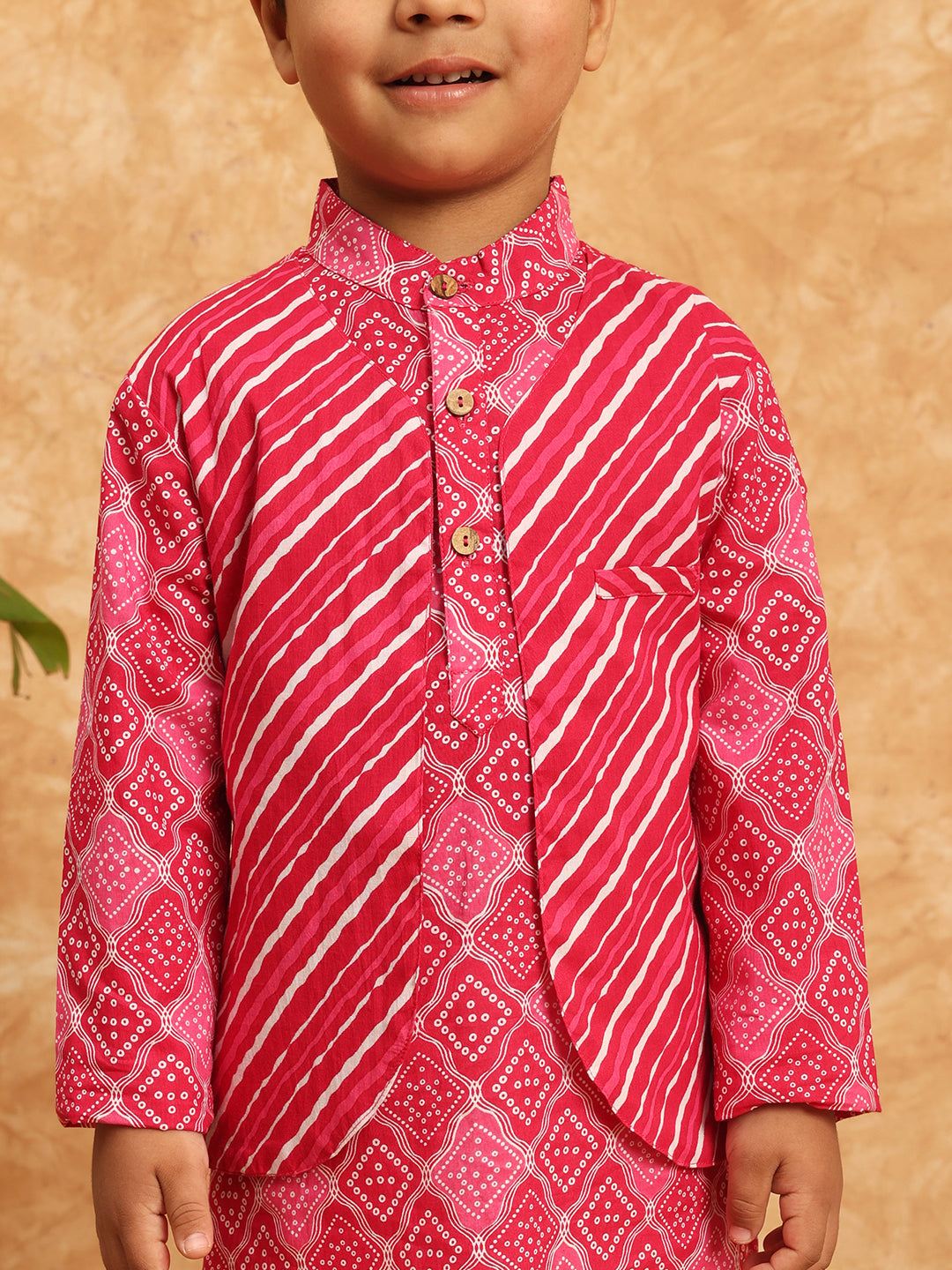 Straight Style Cotton Fabric Pink Color Bandhani Kurta And Pajama