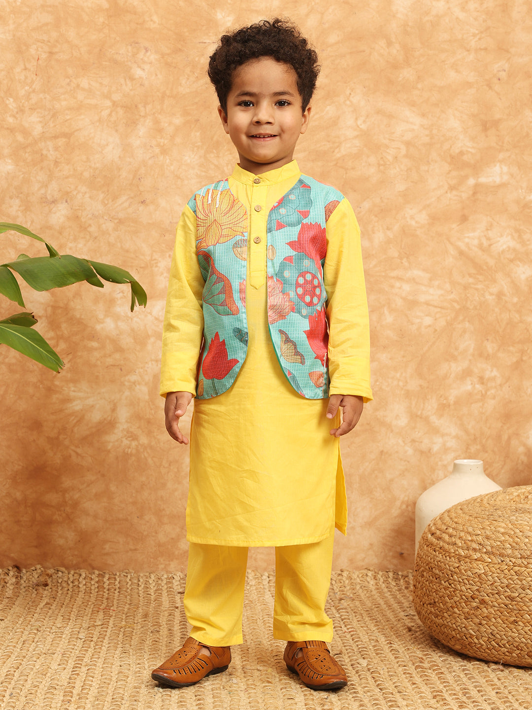 Straight Style Cotton Fabric Yellow Color Kurta With Attached Jacket And Pajama