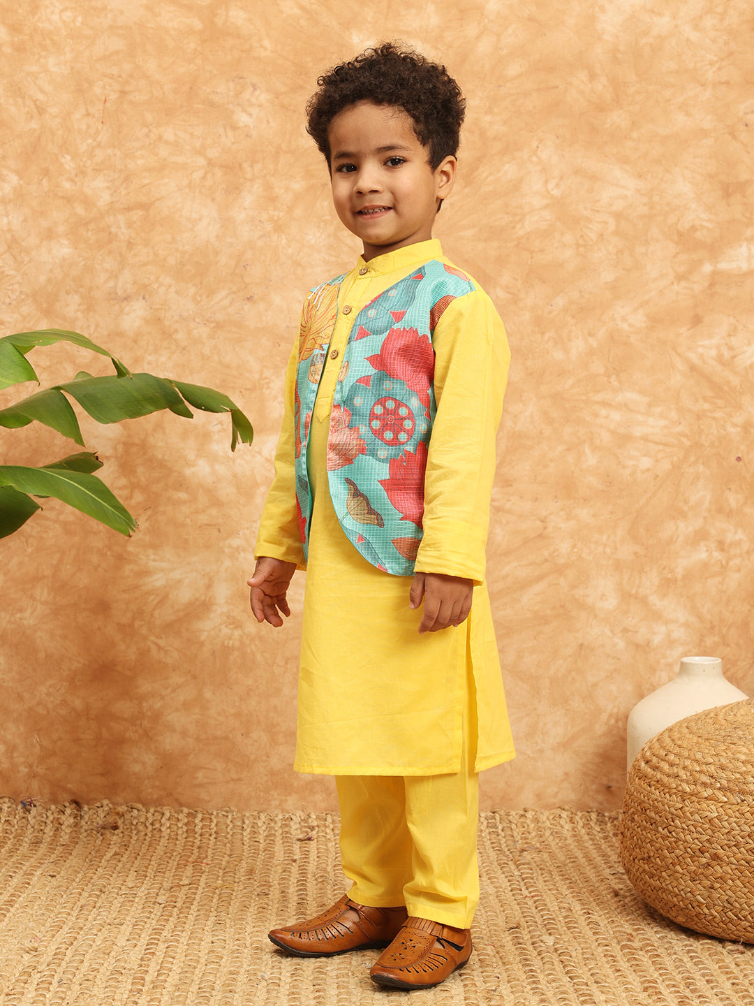 Straight Style Cotton Fabric Yellow Color Kurta With Attached Jacket And Pajama