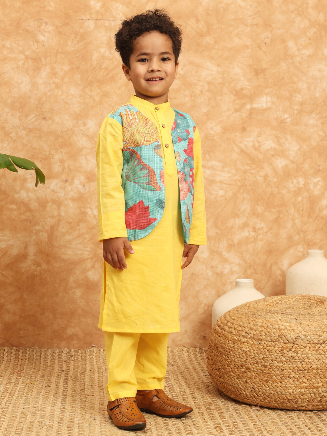 Straight Style Cotton Fabric Yellow Color Kurta With Attached Jacket And Pajama