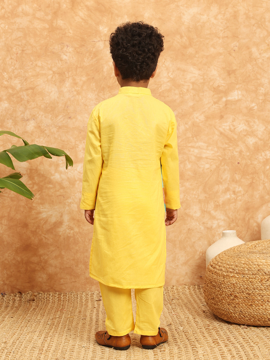 Straight Style Cotton Fabric Yellow Color Kurta With Attached Jacket And Pajama