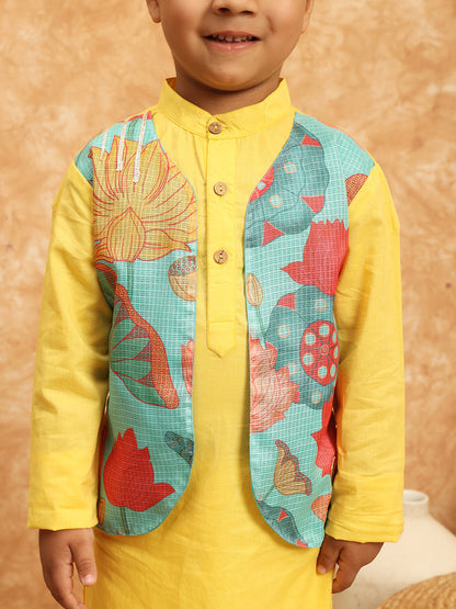 Straight Style Cotton Fabric Yellow Color Kurta With Attached Jacket And Pajama