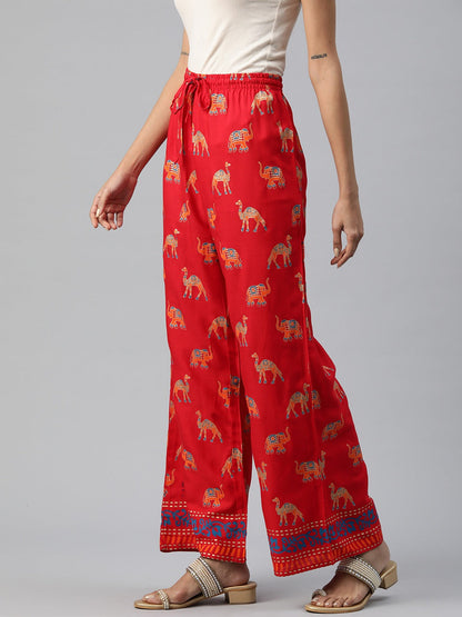 Cotton Fabric Red Color Regular Fit Palazzos With Printed Work