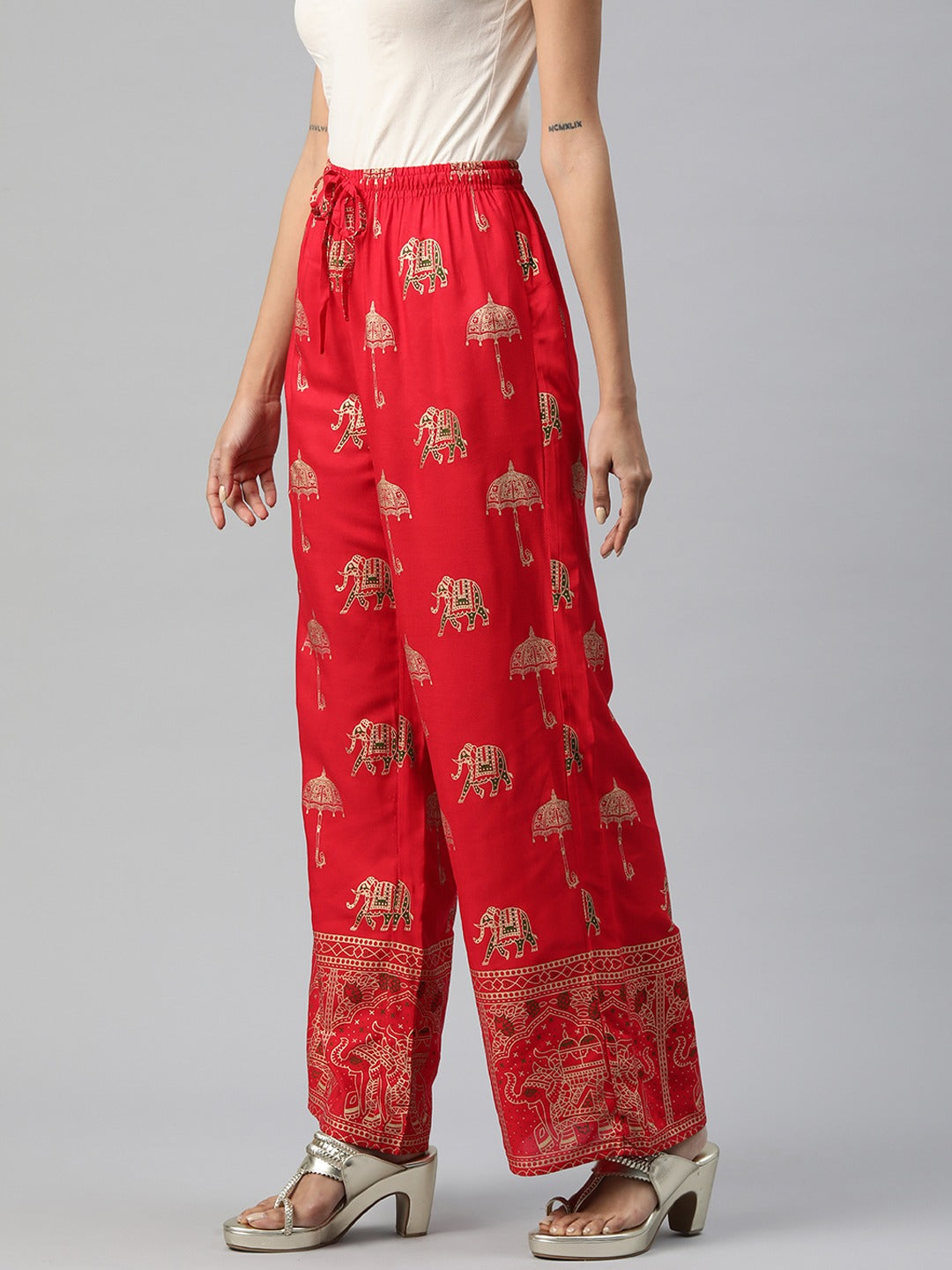 Cotton Fabric Red Color Regular Fit Palazzos With Printed Work