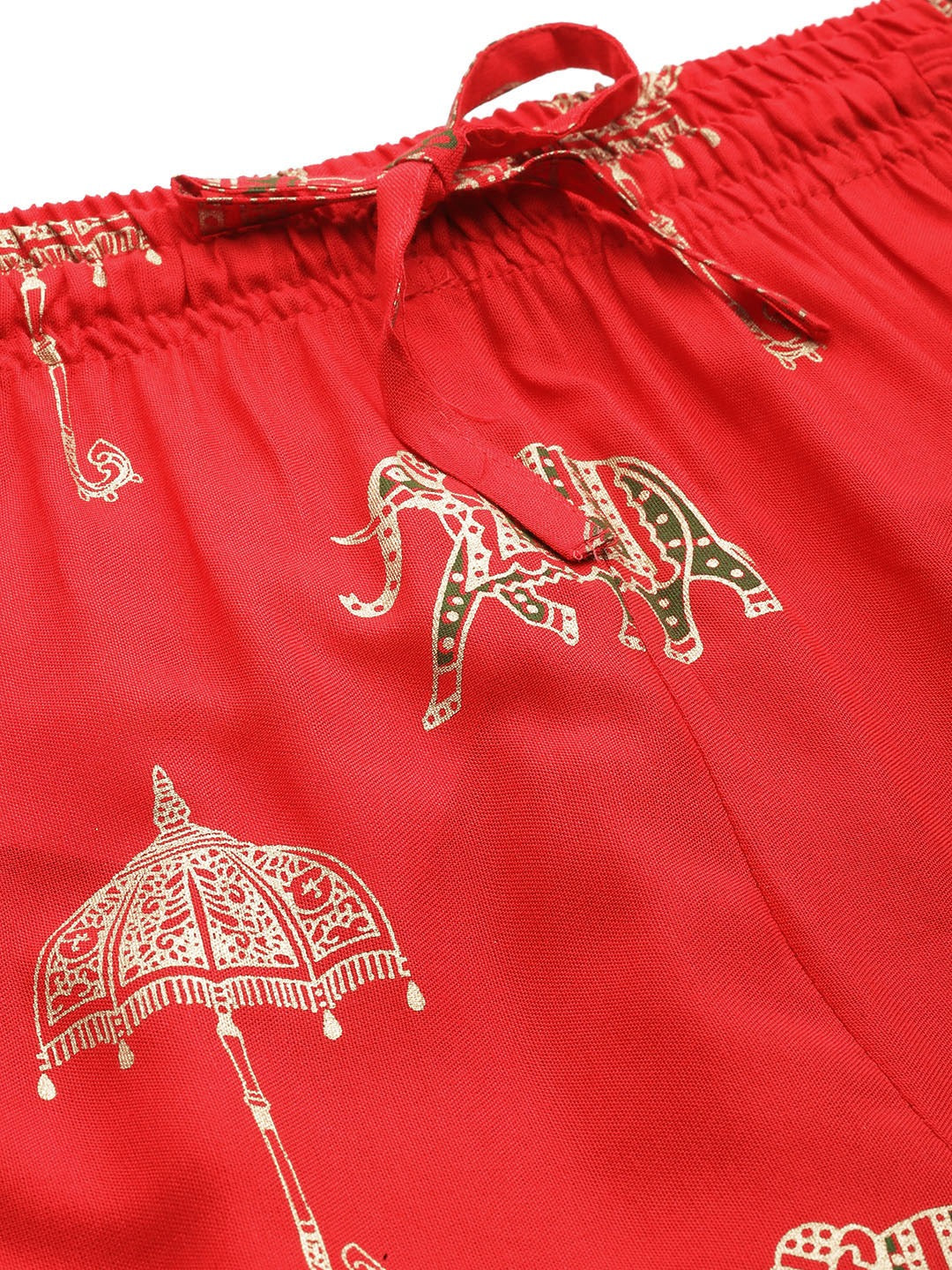 Cotton Fabric Red Color Regular Fit Palazzos With Printed Work