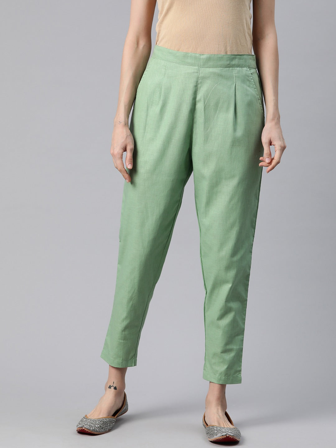 Linen Fabric Green Color Regular Fit Palazzos