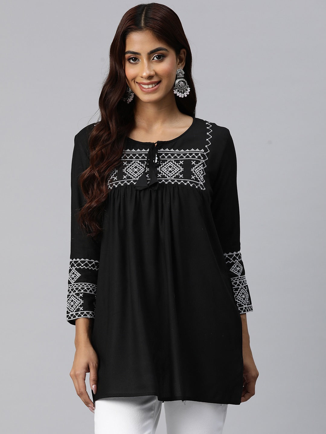 Peplum Style Rayon Fabric Black Color Geometric Embroidered Kurti