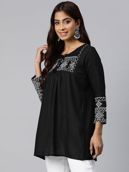 Peplum Style Rayon Fabric Black Color Geometric Embroidered Kurti