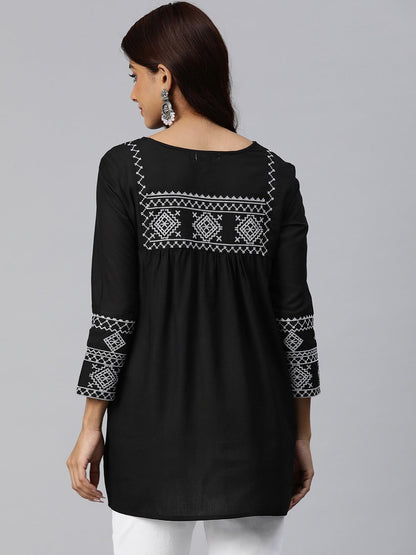 Peplum Style Rayon Fabric Black Color Geometric Embroidered Kurti