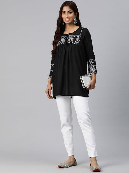 Peplum Style Rayon Fabric Black Color Geometric Embroidered Kurti