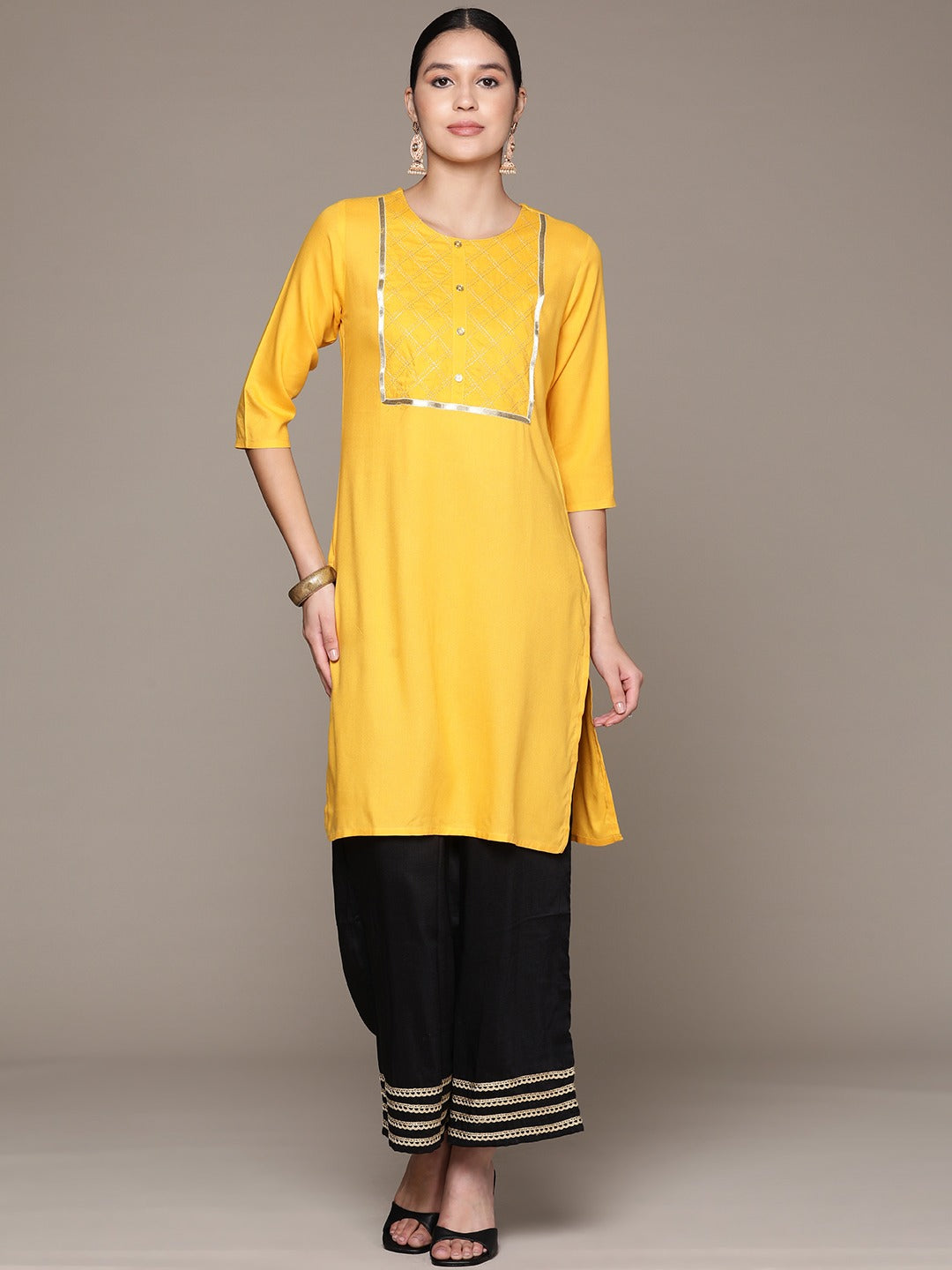 Straight Style Rayon Fabric Yellow Color Kurta