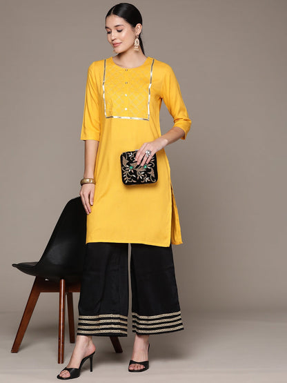 Straight Style Rayon Fabric Yellow Color Kurta