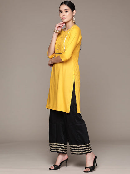 Straight Style Rayon Fabric Yellow Color Kurta